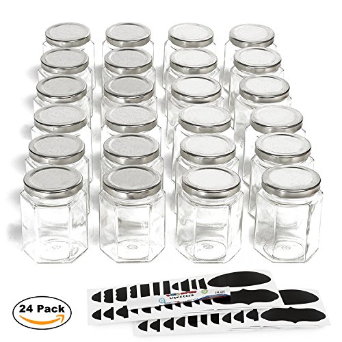 Hexagon Glass Jars by Nellam - 1.05oz, 24 Pack. Includes 48 Chalk Sticker Labels and 2x Chalk Pen. DIY Jars for Canning, Party Favors, Jams, Sauces, Herbs, Spices. (Silver Lid - 24 Pcs)