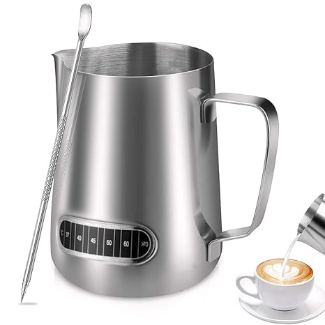Vinekraft Milchkännchen Milch Pitcher Milchkanne aus Edelstahl mit Temperaturmessun, Milch Aufschäumen für Cappuccino und Lat