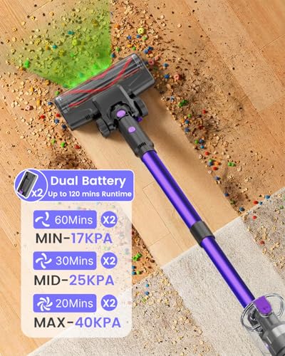 COTIAR Cordless Vacuum Cleaner, 120Mins Runtime with 2 Batteries, 500W 40KPa Vacuum Cleaners for Home, Green Light Anti-Tangle Brush & Wall Mount Charging, Lightweight for Pet Hair Carpet Hard Floors