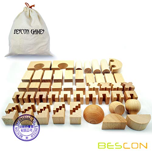 Original Wood Building Blocks Wooden Toys 52pcs Set with Canvas Carry Case, Baby Children Early Educational Enlightenment Toy, Natural Finishing