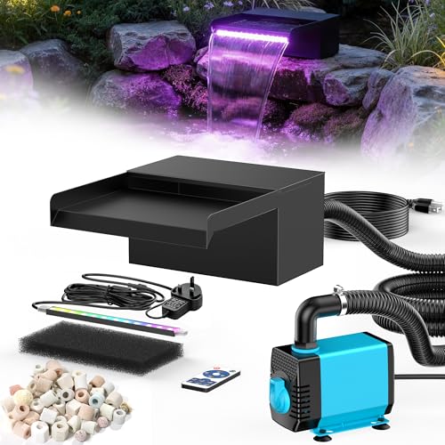 POPOSOAP 8" Pond Waterfall Spillway Filter Kit, 304 Stainless Steel Water Blade Weir with 7-Colour LED Lights & Remote, Quiet Pump, 9.84ft Hose for Garden Pond Water Feature