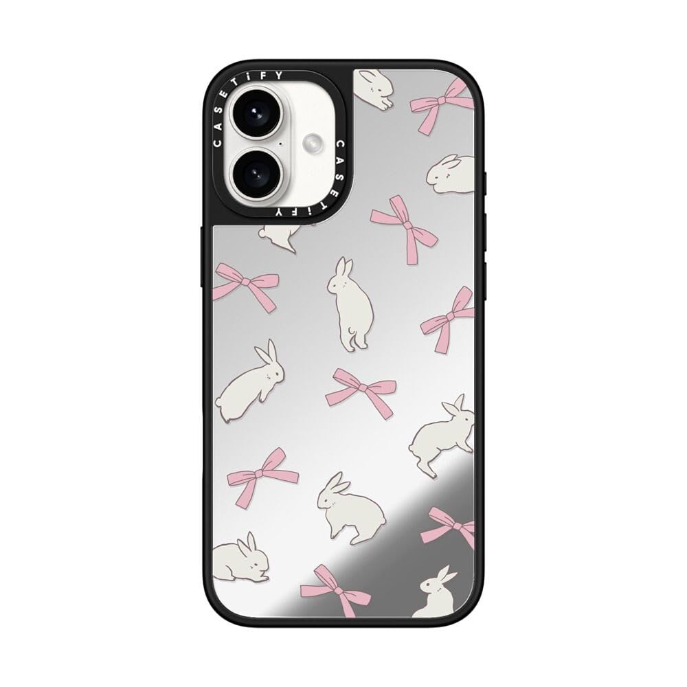 CASETiFY Mirror iPhone 16 Plus Case [Reflective / 4.9 ft. 1X Military Grade Drop Protection/Compatible with Magsafe] - Rabbit Ribbon - Silver on Black