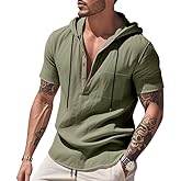 LIZALIG Men's Casual Linen Blend Shirt Short Sleeve Hooded Pullover 1/4 Button Henley Shirt for Vacation and Daily Wear