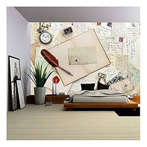 Old Handwritten Letters Postcards. Open Book and Vintage Tools. Romantic Sentimental Paper Background - Removable Wall Mural | Self-Adhesive Large Wallpaper - 66x96 inches
