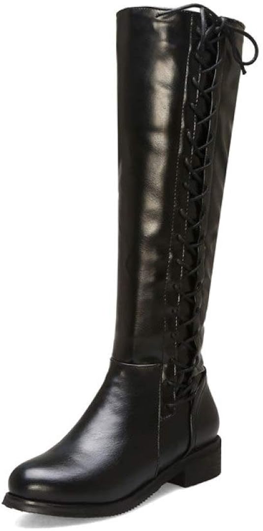 black leather mid heel knee high boots