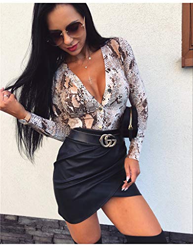 Loalirando-Body-Donna-Camicia-a-Manica-Lunga-Stampa-Leopardata-Tutine-Donna-Tuta-Stampa-Serpente-Aderente-Scollo-a-V-Sexy