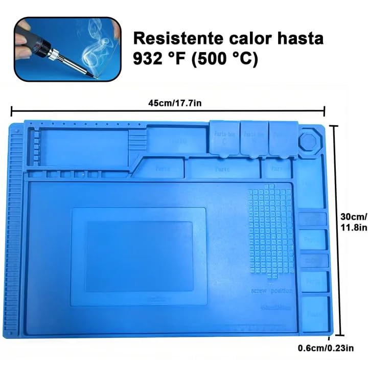 Tapete Antiestático Grande, Estera de Trabajo Silicona Magnético Antiestatica 45*30cm, Alfombrilla de Aislamiento Resistente al Calor, Esterilla de Soldadura para Soldar Reparar Reparación Electrónica
