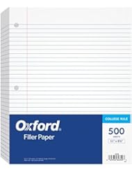 Papel de relleno Oxford, 8-1 / 2 "x 11", regla universitaria, 3 orificios perforados, papel de hojas sueltas para carpetas de 3 anillos, 500 hojas por paquete (62349), blanco