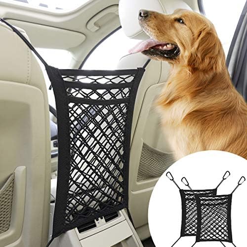 Lewondr 2 Packs Car Barrier Net for Dogs, Front Seat Barrier Net Organizer 3 Layers Pet Disturb Stopper with Carabiner Hooks Car Seat Storage Mesh Pouch, Drive Safely with Children & Pets – Black