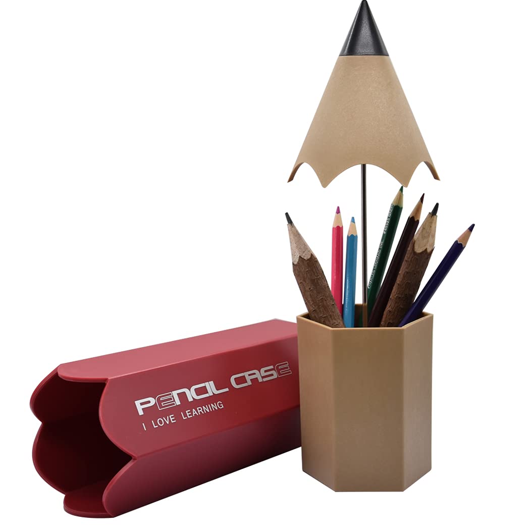 Hoshen Large-Capacity Two-In-One Pencil Shape Pen Holder, Desktop Stationery Storage Pen Holder, Eye Shadow Brush and Eyebrow Pencil Storage Bin, Makeup Brush Storage Bin，Red