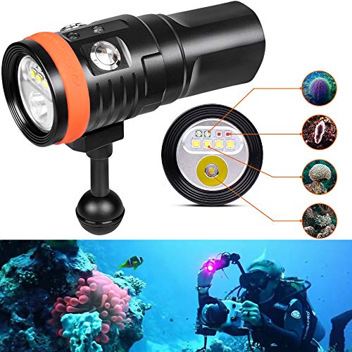 ORCATORCH D900V Underwater Video Dive Light - 2200 Lumens with 4 Colors, Red, UV, Neutral White 120° Flood Beam & Cool White 8° Spot Beam, Dual Titanium Alloy Switch, Battery Indicator for Photography