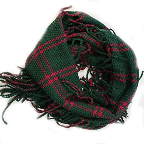 Apparelism Women's Winter Plaid Knitted Infinity Loop Scarf with PomPom Fringe (C.Green)