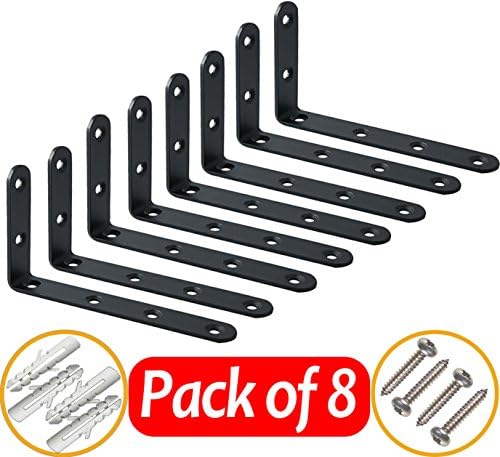 L Shaped 8 Pcs Shelf Brackets 5”x 3” Supports for 4 Shelves Right Angle, Black Iron Bracket. Discreet, Hidden, Corner Brace for Hanging Shelving. Strong, Sturdy, with Screws and Plugs by Key Supplies