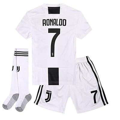 Feeke #7 Ronaldo Shirt Juventus Home Soccer Tshirt 18-19 Season for KidsYouth with Socks &amp;amp;amp; Shorts White
