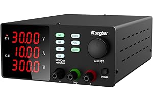 Kungber DC Power Supply Variable with Memory, 30V 10A Adjustable Switching Regulated DC Bench Linear Power Supply with Memory Recall and Output Disable Button 4 Digits Display and Alligator Leads