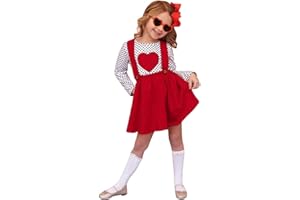 YOUNGER TREE Toddler Baby Girl Valentine's Day Outfit Long Sleeve Dot Heart Shirt Top+Suspender Strap Red Skirts Set(1-6T)