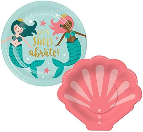 Mermaid Party Supply Pack For 10 Guests - Mermaid Party Plates, Mermaid Shell Dessert Plates