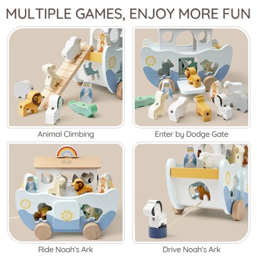 Joyreal Noah's Ark Wooden – Christening Gifts for Girls Boys Children, Gift Christening, Montessori Toy from 1 2 3 Years, Wooden Toy with Farm Toy Sorting Stack