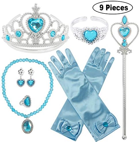 Princess Dress Up Party Accessories for Princess Costume Gloves Tiara Wand Necklace Earrings Bracelet and Ring Gift Set 9pcs
