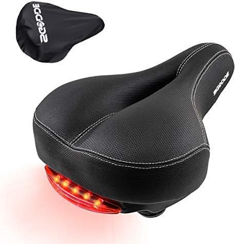 SGODDE Comfortable Bike Seat for Men Women, Memory Foam Padded Wide Bicycle Saddle Cushion with LED Taillight, Waterproof Dual Spring Saddle Fit Most Bikes(Seat Cover Included)
