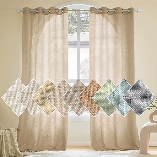 Woaboy Linen Curtains Translucent Net Curtains with Eyelets Modern Decorative for Living Room, Window, Bedroom, 2 Pieces, 140 x 260 cm, Beige