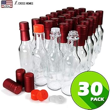 Hot Sauce Woozy Bottles Empty 5 Oz Complete Sets of Premium Commercial Grade Clear Glass Dasher Bottle with Shrink Capsule, Leak Proof Screw Cap, Snap On Orifice Reducer Dripper Insert (Red 30 Sets)