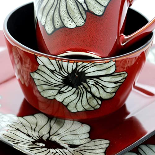 Elama Stoneware Dinnerware Collection, 16 Piece, Red with White Flower