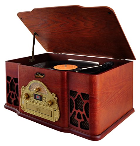Pyle Vintage Turntable – Retro Vinyl Stereo System With Bluetooth, CD Player, USB Reader, SD Card Slot and Speakers – Record AM/FM Radio and Other Audio Files to MP3 with Remote (PTCD64UBT)