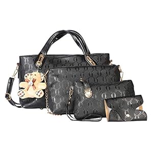 NFI essentials Women’s PU 4 Pieces Handbag Shoulder Bag Tote Clutch Set (Black)