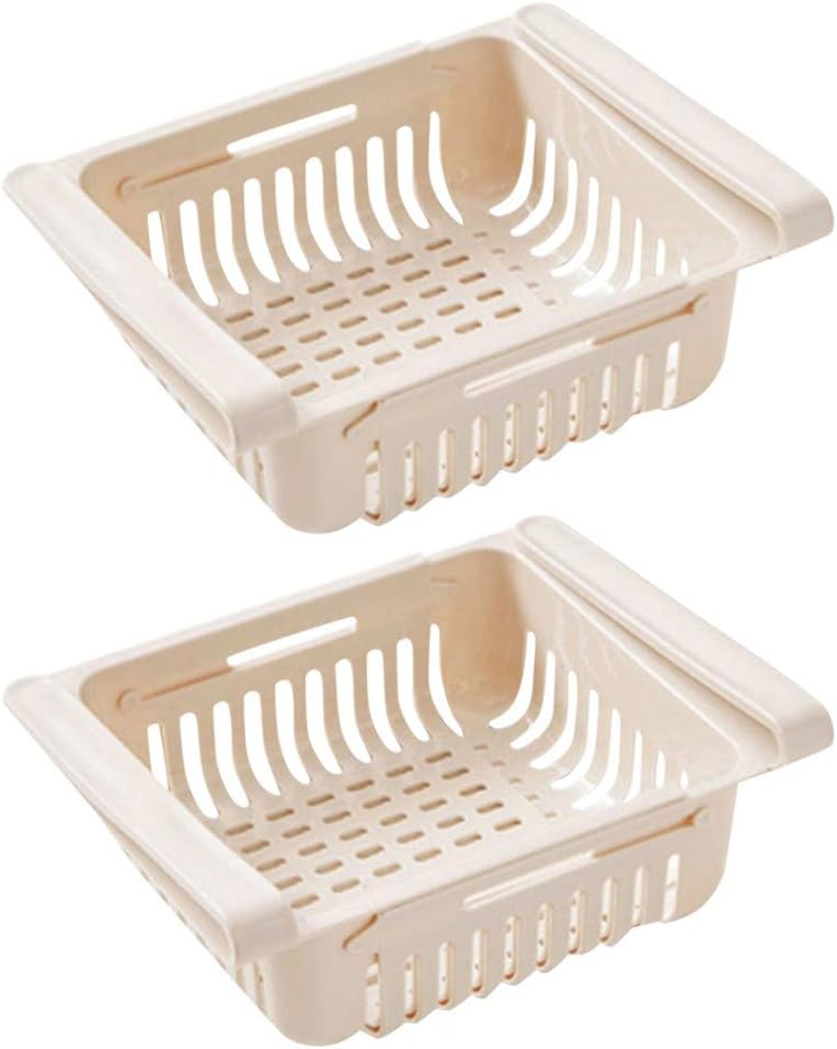 2Pcs Pull-out Refrigerator Storage Box Holder Food Organizer Drawer Shelf Proper Clapboard Shelves (Beige)
