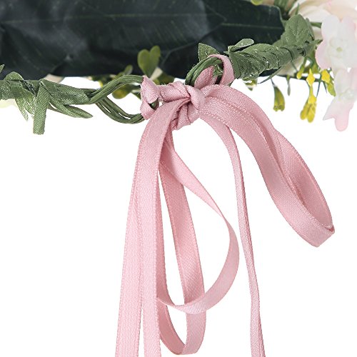 Felice Arts Handmade Boho Flower Headband Hair Wreath Halo Floral Garland Crown Headpiece with Adjustable Ribbon Festival Wedding Party, Champagne
