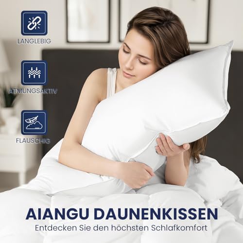DEITAS Down Pillow - 3-Chamber Design for Optimal Neck Support, Soft & Breathable 100% Cotton Cover, Bed Pillow Perfect for Allergy Sufferers and Children (White, 80 x 80 cm (Pack of 1)