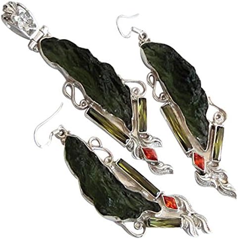 Moldavite Green CZ Silver Plated 1/4''Gemstone Fashion Jewelry Earring Pendant Set-163