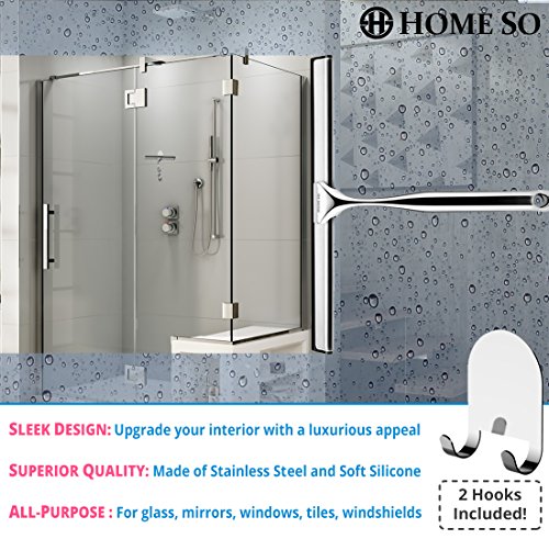HOME SO Shower Squeegee with Two 3M Adhesive Holder Hooks - Deluxe Stainless Steel Wiper Scraper for Bathroom Shower Glass Door, Mirror, Windows, Tiles - Chrome