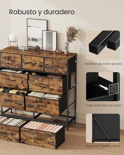 SONGMICS Cómoda, con 9 Cajones, Mueble de Almacenaje, Tela no Tejida, para Dormitorio, Recibidor y Salón, Marrón Rústico y Negro Tinta MLGS324BH04