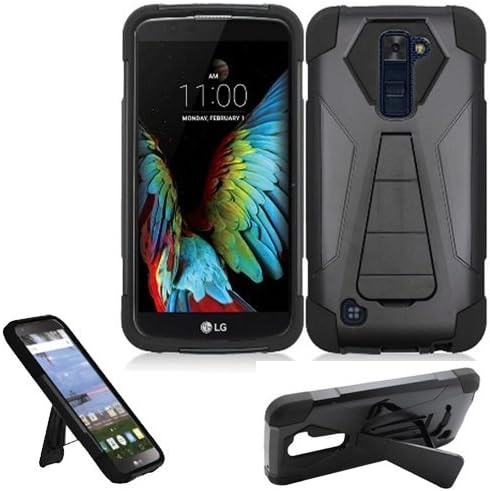 Phone Case for LG Premier 4g LTE (Straight Talk) (Tracfone) / LG K10 4g LTE (T-Mobile) Rugged Cover with Wide Stand (Wide Stand Black-Black Silicone)
