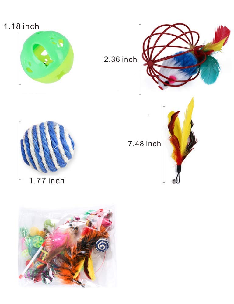 PoPoint 26 pcs Cat Toys Kitten Toys Assortments，Cotton mice Cat Wand Rainbow Ball Bell Ball Crinkle Ball Feather for Cat Puppy Kitten
