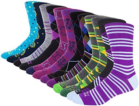 Funky Socks Mens 12 Pack Colorful Patterned Casual Crew Socks (Plum Pack w/ Digi Camo and Paisley, 10/13)