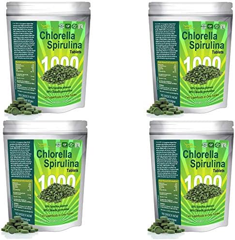 Chlorella Spirulina 50/50 (Mega-Pack 1000) Cracked Cell Wall, 100% Pure & Clean, Organic Raw Non-GMO Green Superfood, Protien Packed, by Sunlit, Best Green Organics (4-Pack)