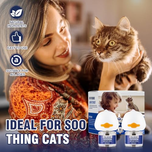 Piuess Katzen Beruhigung Steckdose FüR Cat Calming Diffuser Beruhigendes Diffusor-Set Katze Anti Stress Pheromon Beruhigungsmittel Duftstecker Geschmacklos（2 StöPsel + 2 NachfüLlpackungen à 48 Ml）