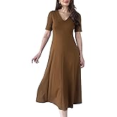 Women’s Elegant V-Neck Midi Dress Short Sleeve Fit and Flare A-Line Business Work Dresses
