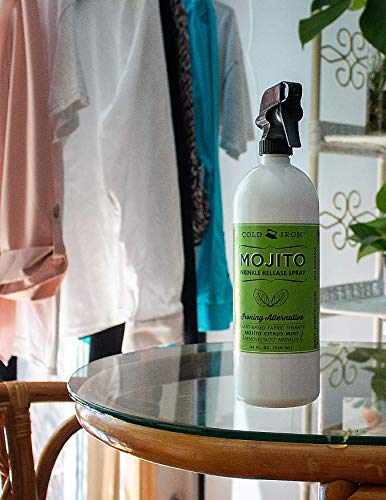 Cold Iron Wrinkle Release Spray for Clothes. 32 fl oz. Mojito Citrus Mint. Plant Based Ironing Alternative. Fast, Easy to Use. Spray, Smooth, Hang. Award Winning Formula Saves you Time