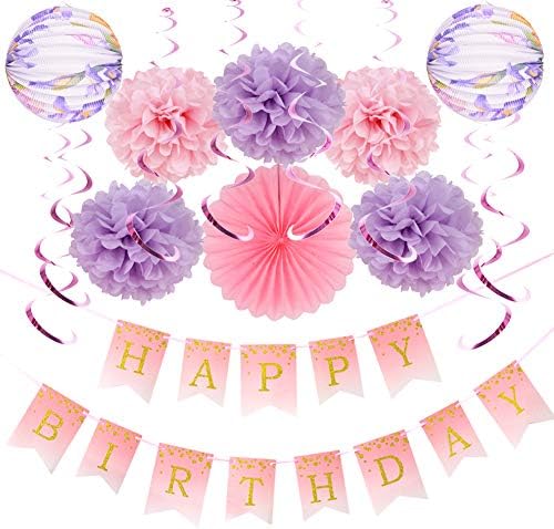 Easy Joy Girls Happy Birthday Decoration Kit Tissue Paper Pom Poms Accordion Lanterns with Rainbow Foil Hanging Swirls Pink Party Supplies