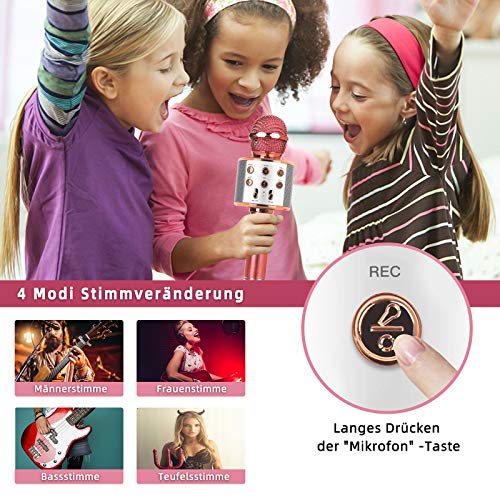 MAEXUS Karaoke Mikrofon Kinder, Bluetooth Karaoke Mikrofon mit Lautsprecher Drahtloses Bluetooth Mikrofon für Kinder Karaoke Mikrofon für iPhone/Android/iPad/PC/U-Disk/TF-Karte, Rose Gold