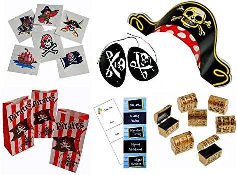 204 Piece Pirate Birthday Party Favors Bundle: 144 Assorted Tattoos, 12 Pirate Hats, 12 Eye Patches, 12 Treasure Chests and more. Serves 12.