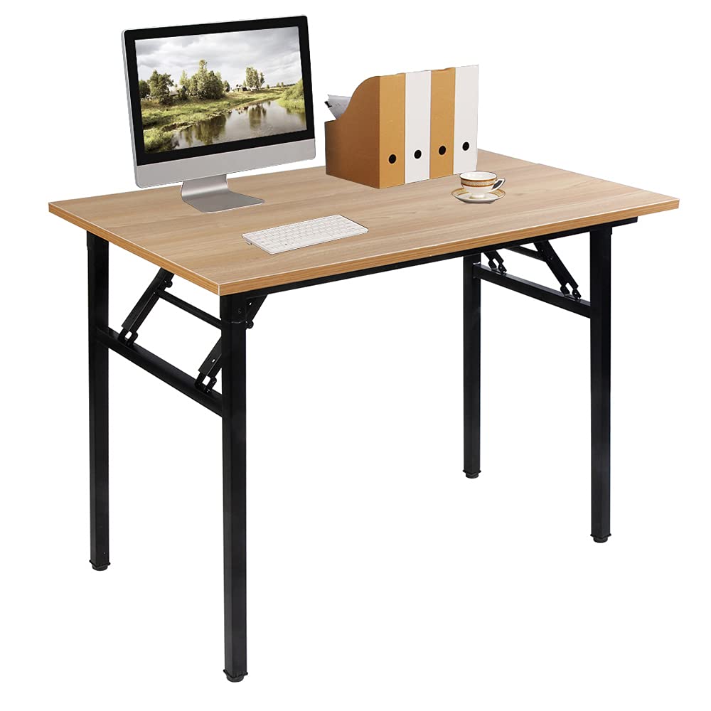 sogesfurniture Folding Table Office Study Writing Desk Computer PC Laptop Table Workstation Dining Gaming Table, No Install Needed, 100x60x75cm, Teak&Black AC5TB-100-SF