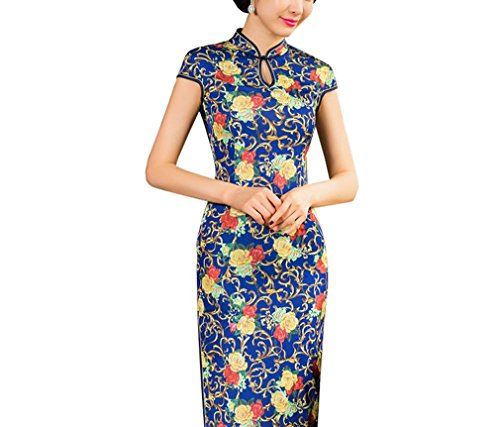 XueXian(TM) Women's Vintage Cap Sleeve Yellow Floral Chinese Qipao Dress Long Cheongsam Blue