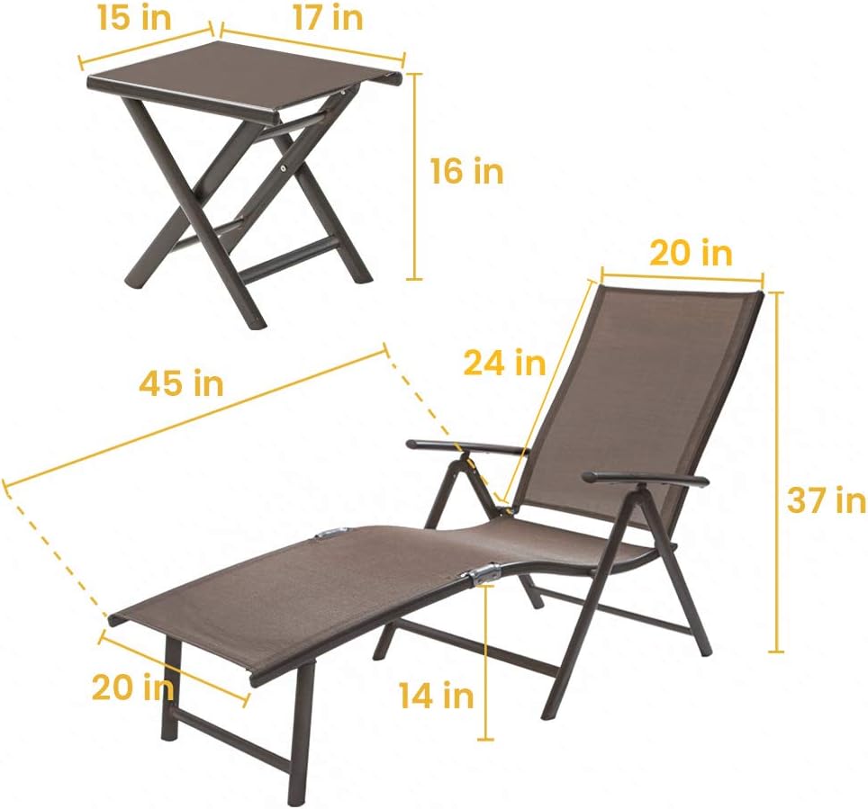 Crestlive Products Aluminum Beach Yard Pool Folding Recliner Adjustable Chaise Lounge Chair and Table Set All Weather for Outdoor Indoor, Brown Frame (Brown & Black): Furniture & Decor