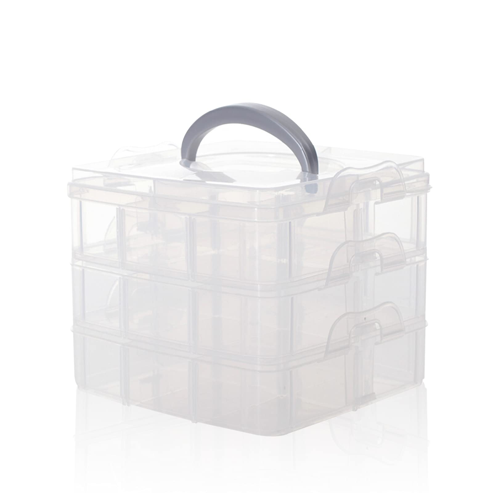 SacJkt Craft Storage Box, Hair Accessories Organiser, 3 Layers 18 Compartments Transparent Detachable Storage Box with Handle for Crafts, Jewelry, Sewing Accessories (White)