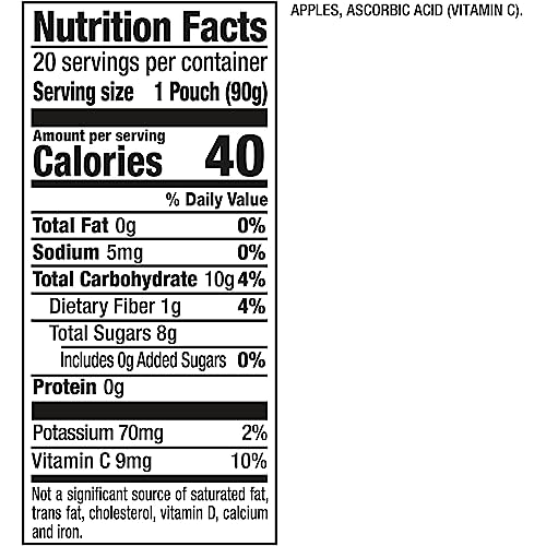 MOTT’S NO SUGAR ADDED APPLESAUCE, MADE FROM REAL FRUIT, NO ARTIFICIAL FLAVORS, 3.2 OZ CLEAR POUCHES, 20 PACK
